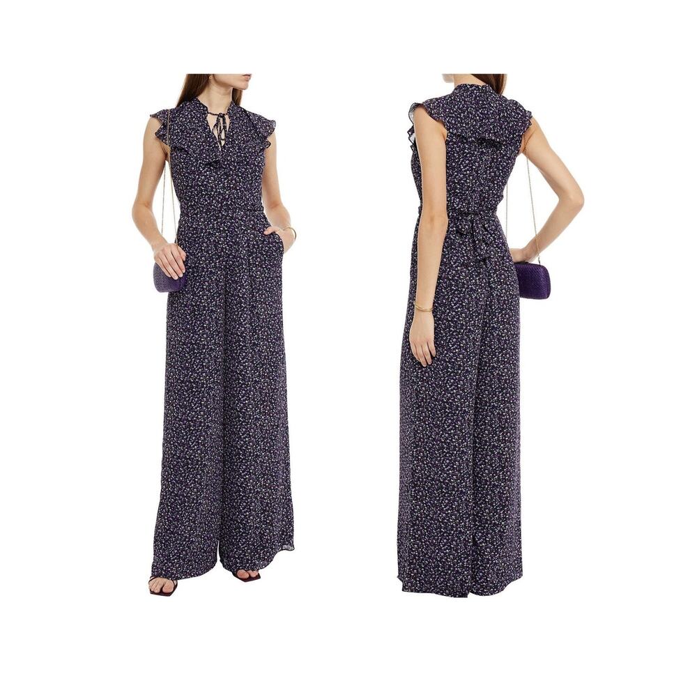 Mikael Aghal Belted Ruffled Floral Jumpsuit in Purple Size 6